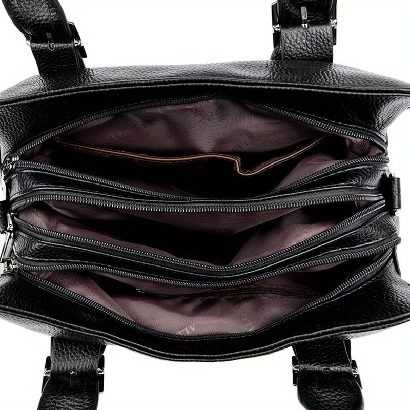 حقيبة يد نسائية كبيرة الحجم من البولي يوريثان - حقيبة عمل سوداء أنيقة مع عدة أقسام، حزام كتف قابل للفصل، وإغلاق بسحاب للتنقل والسفر والاستخدام اليومي، حقيبة متعددة الاستخدامات | تصميم أنيق | نسيج واسع