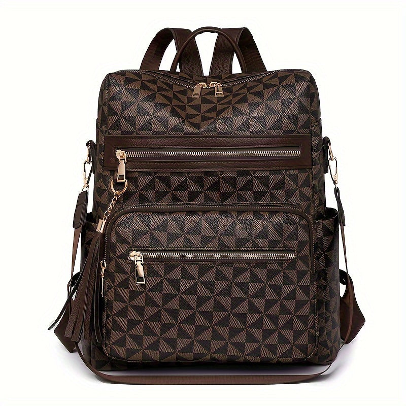 حقيبة ظهر نسائية أنيقة بنقشة هندسية - سعة كبيرة، جيوب متعددة الطبقات، حزام كتف قابل للفصل، لمسات شراشيب، خفيفة الوزن باللون الأسود/البني/البيج، حقيبة ظهر متعددة الاستخدامات | حقيبة ظهر قابلة للفصل أنيقة | حقيبة سفر