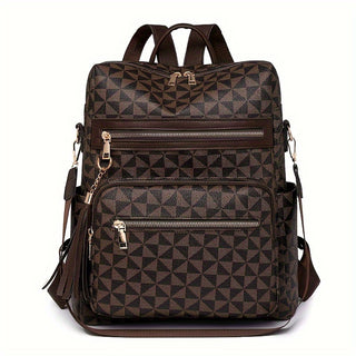 حقيبة ظهر نسائية أنيقة بنقشة هندسية - سعة كبيرة، جيوب متعددة الطبقات، حزام كتف قابل للفصل، لمسات شراشيب، خفيفة الوزن باللون الأسود/البني/البيج، حقيبة ظهر متعددة الاستخدامات | حقيبة ظهر قابلة للفصل أنيقة | حقيبة سفر