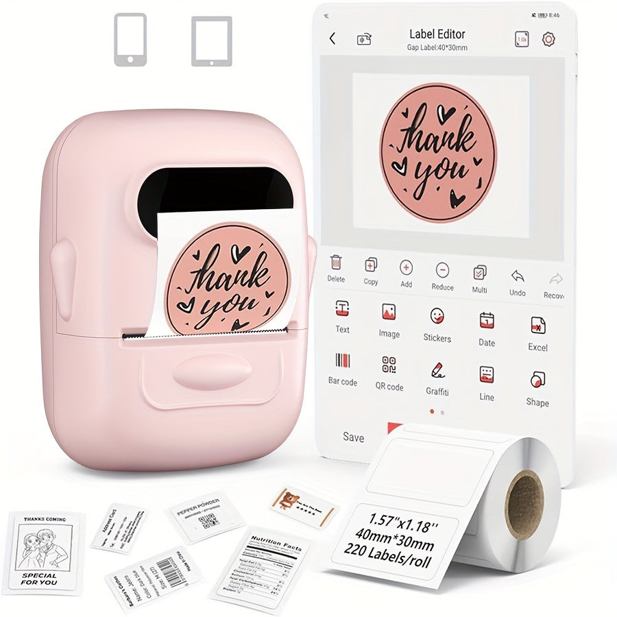 طابعة ملصقات حرارية محمولة P50 مثالية للاستخدام المنزلي، الملابس، السوبر ماركت، المجوهرات، والقطاعات الغذائية. تعمل مع نظامي التشغيل Android و IOS، وتأتي مع لفة ملصقات بيضاء مقاس 40 * 30 مم.
