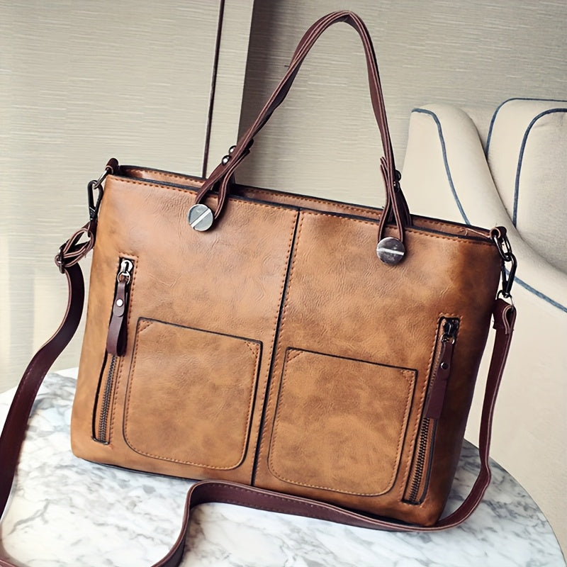 حقيبة كتف نسائية عصرية بتصميم ريترو جديد مع جيبين أماميين بسحاب لتنظيم سهل، مناسبة لدفاتر الطالبات والكتب، الأساسيات اليومية وملفات العمل وحقائب الحاسب المحمول وغيرها من مستلزمات المكتب - حقيبة يد / محفظة