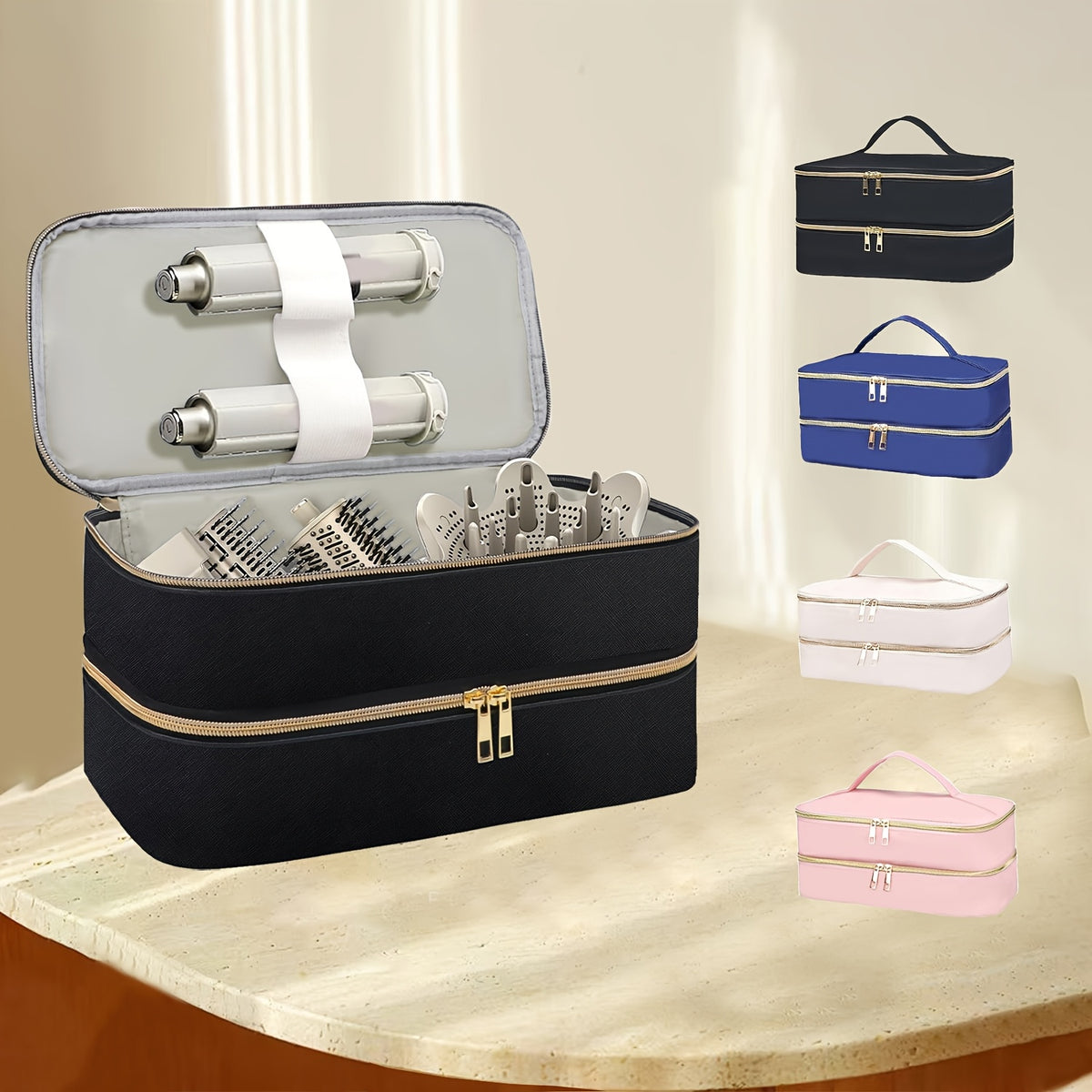 منظم أدوات الشعر المزدوج، حقيبة مكياج للسفر للنساء، حقيبة تخزين مقاومة للخدش لمجفف الشعر، تصميم محمول بسحاب مزدوج، مناسب لأدوات التصميم والإكسسوارات، هدية مثالية للمصففات والصالونات والاستخدام المنزلي. (الحقيبة فقط)