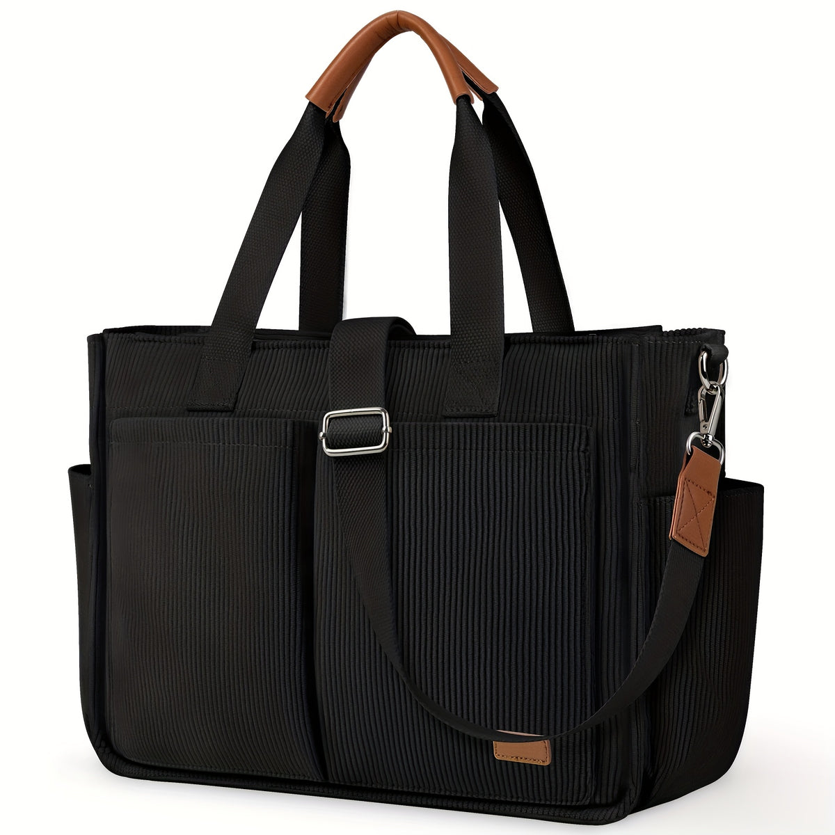 حقيبة يد كبيرة الحجم من لوباردي للنساء مصنوعة من قماش الكوردروي خفيفة الوزن مع جيوب بسحاب، حقيبة يد أنيقة للعمل والسفر والاستخدام اليومي، لون أسود