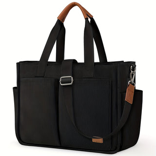 حقيبة يد كبيرة الحجم من لوباردي للنساء مصنوعة من قماش الكوردروي خفيفة الوزن مع جيوب بسحاب، حقيبة يد أنيقة للعمل والسفر والاستخدام اليومي، لون أسود