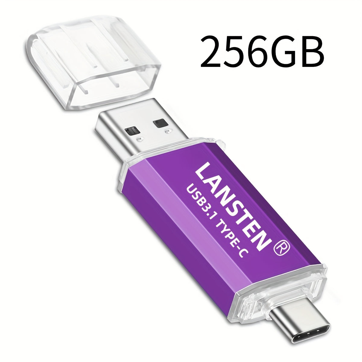 LANSTEN فلاش درايف USB-C 64GB/128GB/256GB، سرعة عالية 40-60MB/s، متين لـ أجهزة Android والكمبيوترات الشخصية، تصميم أنيق باللون الأرجواني الفاتح، نقل البيانات، تخزين متنقل، غطاء شفاف، مكونات داخلية مرئية