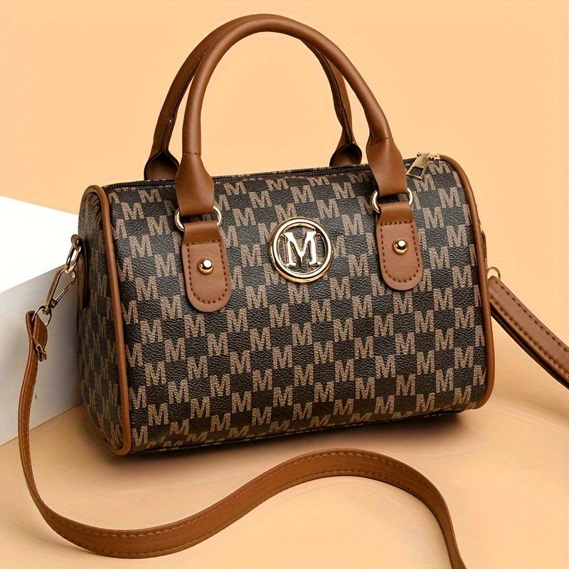 حقيبة كروس أنيقة للنساء بشعار "M" ذهبي - خفيفة الوزن من البولي يوريثان مع حزام كتف قابل للتعديل ومقبض علوي، إغلاق بسحاب، تصميم طباعة الحروف للاستخدام اليومي والعمل - بني داكن/أبيض/أسود، أمتعة يومية، أدوات بلمسة ذهبية