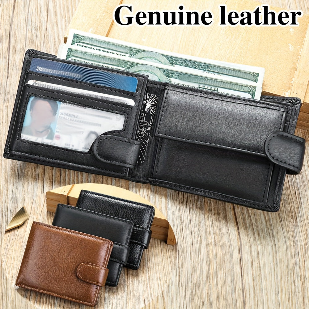 محفظة رجالية من جلد طبيعي - جلد بقري عالي الجودة، متعددة الجيوب، جيب للعملات، قابلة للطي مع حامل صورة، هدية مثالية لعيد الحب للزوج