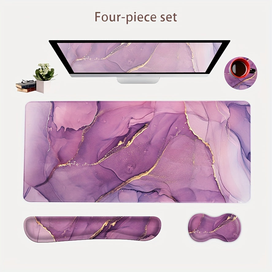 مجموعة ISETTA من 4 قطع: حصيرة مكتب مريحة ومجموعة لوحة فأرة للألعاب مع دعم المعصم، مسند لوحة المفاتيح، وأكواب - تصميم وردي زاهي، أرجواني، أزرق رخامي، غير قابل للانزلاق، كبير ممتد لراحة المكتب المنزلي، حصائر فأرة للمكتب