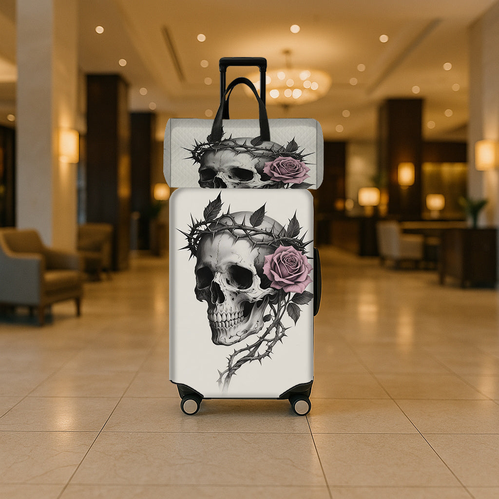 2 قطعة طقم أمتعة بطباعة جمجمة ووردة، ستايل غوثيك داكن - 1 غطاء حقيبة + 1 حقيبة سفر، إكسسوارات أساسية للسفر والعوائد مع تصميم