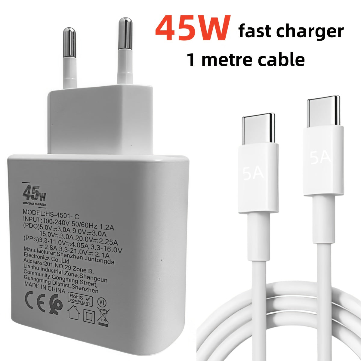 شاحن سريع USB-C بقوة 45 واط مع كابل بطول 1 متر، 5 أمبير، معيار أوروبي، متوافق مع آيفون 16 و15 و14 و13 وشاومي وسامسونج وأجهزة اللابتوب والتابلت؛ شاحن أساسي USB-C للسفر والعمل والمنزل