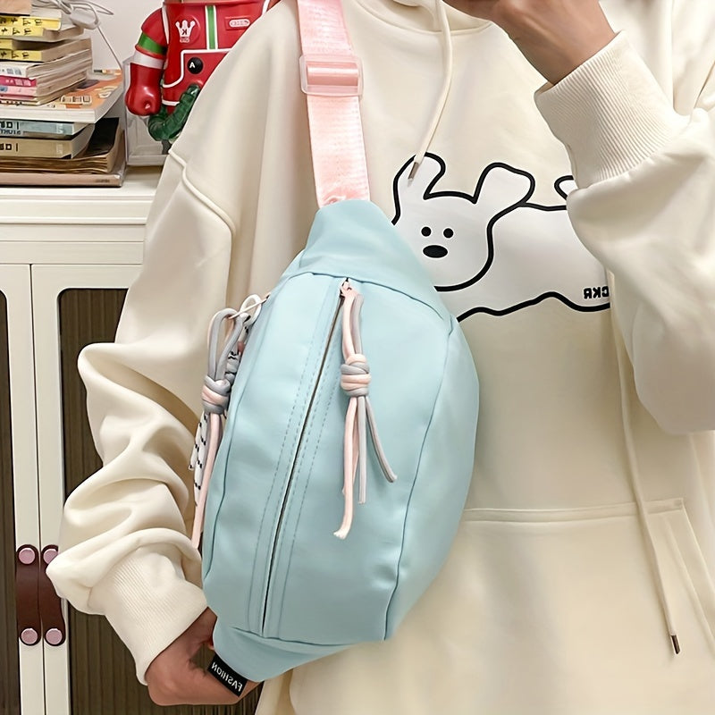 حقيبة كروس نسائية من النايلون - حزام قابل للتعديل، إغلاق بسحاب، تفاصيل شرابة، أسلوب كاجوال، وردي فاتح، مثالية للاستخدام اليومي، إكسسوار كاجوال | تصميم لطيف | حقيبة إغلاق بسحاب