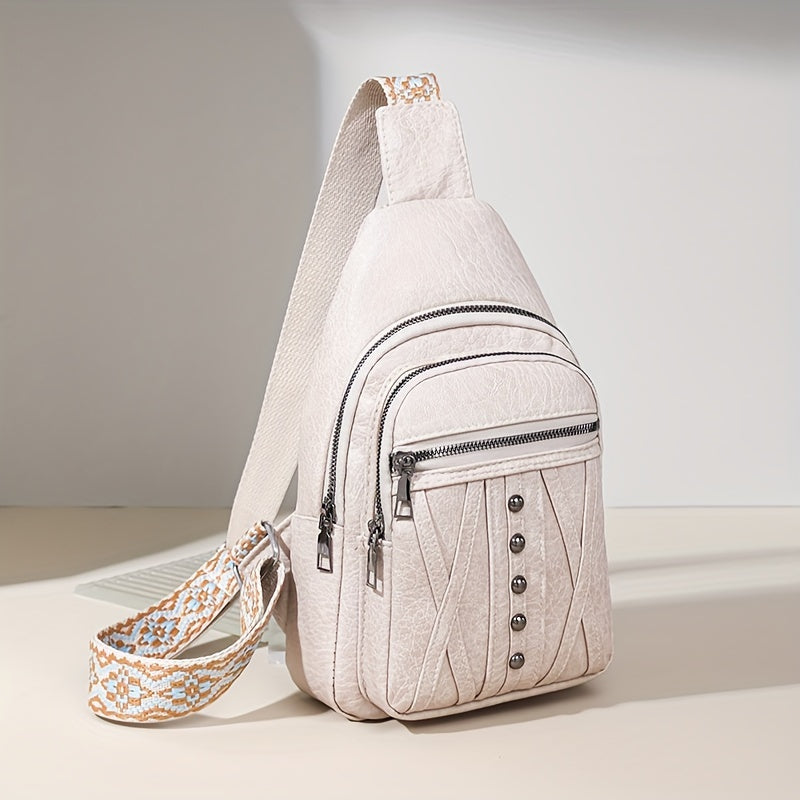 حقيبة ظهر نسائية أنيقة متعددة الجيوب من الجلد الصناعي - حزام قابل للتعديل، إغلاق بسحاب، حقيبة كروس خفيفة الوزن باللون البيج مع حزام بنقشة هندسية للسفر والاستخدام اليومي، حقيبة صدر، رياضية