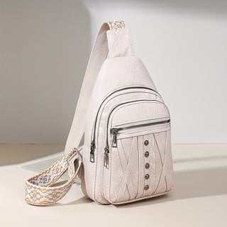 حقيبة ظهر نسائية أنيقة متعددة الجيوب من الجلد الصناعي - حزام قابل للتعديل، إغلاق بسحاب، حقيبة كروس خفيفة الوزن باللون البيج مع حزام بنقشة هندسية للسفر والاستخدام اليومي، حقيبة صدر، رياضية