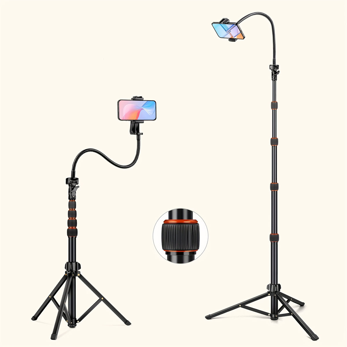 حامل ثلاثي القوائم من الألمنيوم قابل للتمديد بطول 223.52 سم مع رأس معدني مزود بتروس، وعنق غرابيقي مرن وحامل للهاتف لتسجيل الفيديو، الكاميرات الرقمية ذات العدسات القابلة للتبديل، الكاميرات الحركية والهواتف الذكية، حامل هاتف متعدد الاستخدامات وعصا سيلفي