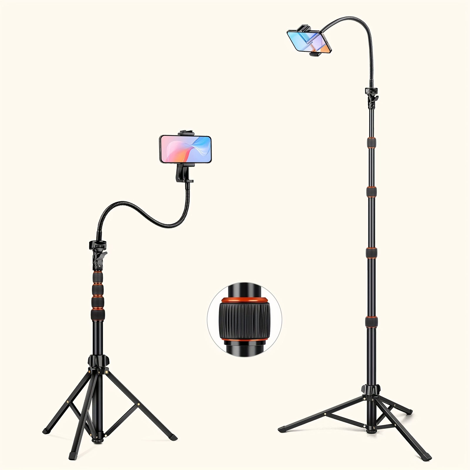 حامل ثلاثي القوائم من الألمنيوم قابل للتمديد بطول 223.52 سم مع رأس معدني مزود بتروس، وعنق غرابيقي مرن وحامل للهاتف لتسجيل الفيديو، الكاميرات الرقمية ذات العدسات القابلة للتبديل، الكاميرات الحركية والهواتف الذكية، حامل هاتف متعدد الاستخدامات وعصا سيلفي