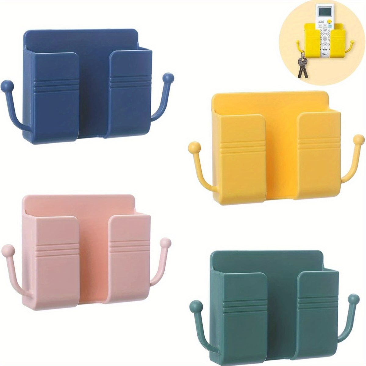 4 قطع حامل هاتف مثبت على الحائط، مع قاعدة لاصقة وصندوق تخزين متعدد الاستخدامات مناسب للغرفة والمطبخ والحمام والمكتب