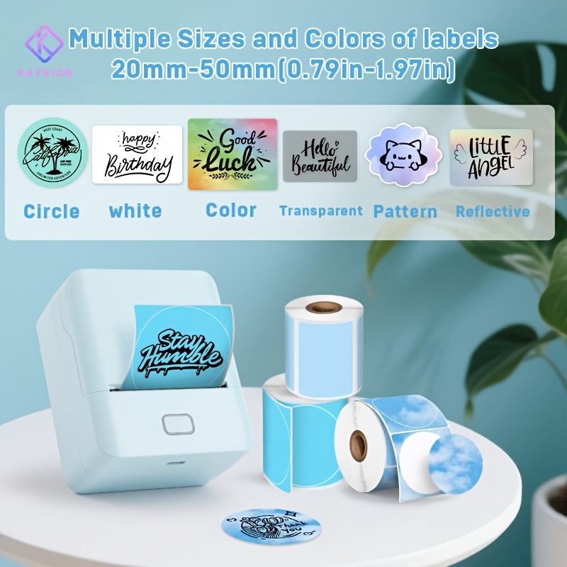 طابعة ملصقات صغيرة SK20 باللون الأزرق + 3 لفات من الملصقات الزرقاء - للملاحظات الدراسية، والصور، والجرائد، والمجوهرات، والتجزئة، والبريد | متوافقة مع الهواتف الذكية - طابعة ملصقات حرارية محمولة