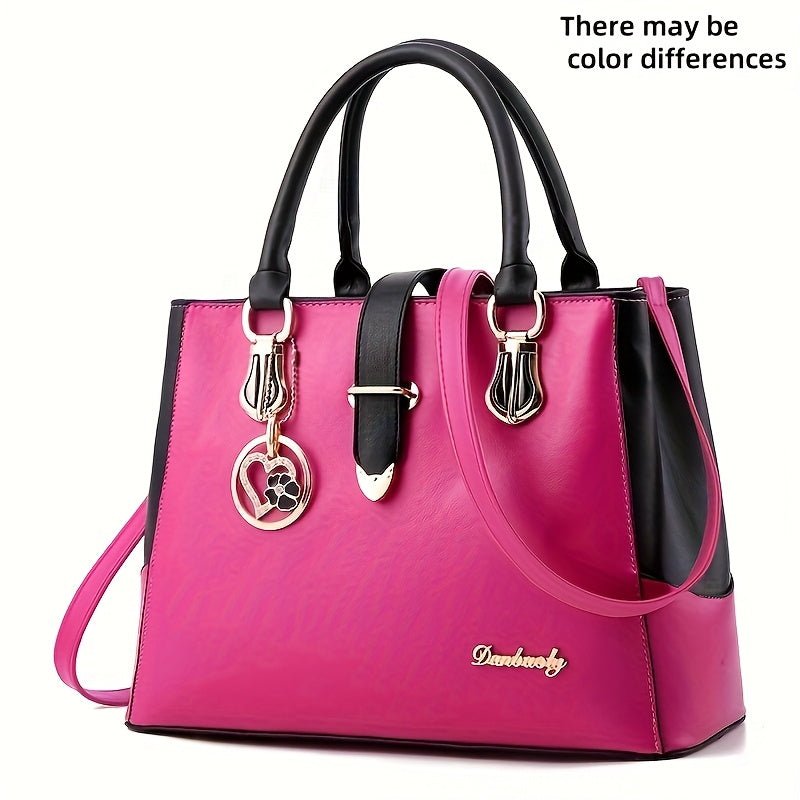 حقيبة ساتشيل نسائية أنيقة باللون الأسود والأبيض مع تعليقة على شكل قلب - حقيبة يد عصرية، حزام كتف قابل للفصل، إغلاق بسحاب، بطانة بوليستر، متوفرة باللون الأحمر الوردي/الأبيض/الأحمر/الأزرق/الأسود، حقيبة جميلة