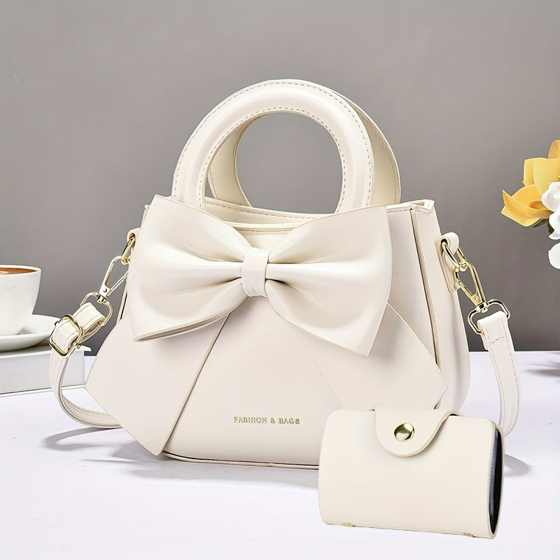 طقم حقيبة نسائي عصري مكون من قطعتين: حقيبة كروس بودي أنيقة وحقيبة توت بفيونكة جميلة