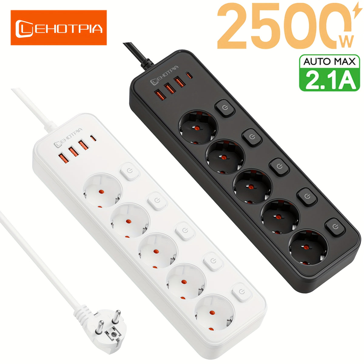 LEHOTPIA مقبس طاقة أوروبي مع كابل تمديد بطول 1.8 متر، خمس مقابس أوروبية، 3 منافذ USB و1 منفذ نوع C، مفتاح تحكم منفصل، حماية صمام الأمان، مناسب للمكاتب، غرف النوم، المطابخ، غرف المعيشة وغيرها من السيناريوهات، LEHOTPIA