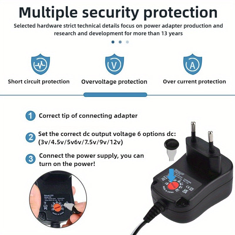 شاحن عالمي متعدد الوظائف مع 8 محول، شاحن متعدد الوظائف بقوة 12 واط، محول قابل للتعديل لضغط الجهد 3 فولت/4.5 فولت/5 فولت/6 فولت/7.5 فولت/9 فولت/12 فولت، منفذ USB واحد، مناسب لأجهزة صغيرة مثل مجفف الشعر، المروحة، وتشغيل أدوات الطاقة