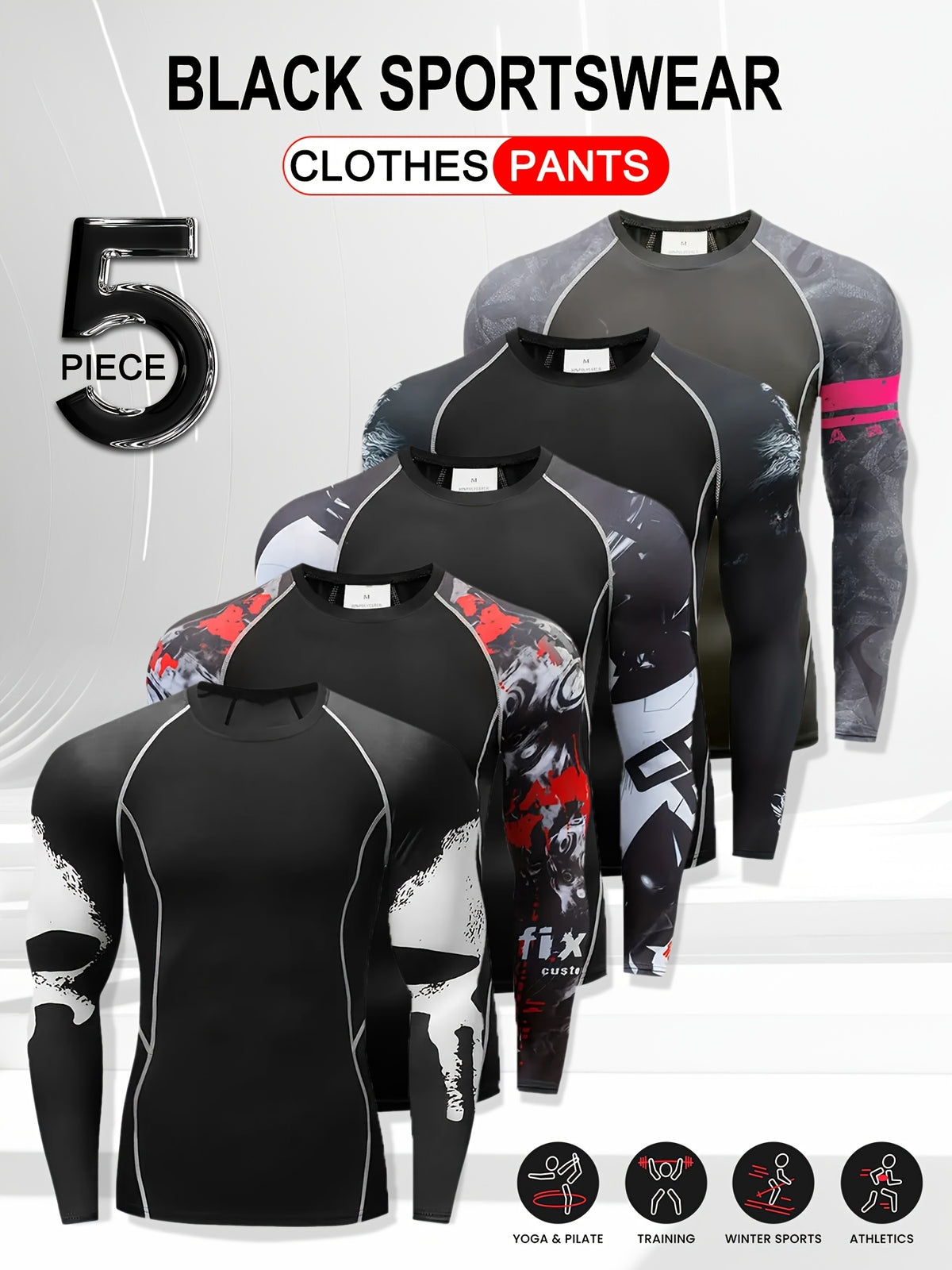 مجموعة من 5 قطع - ملابس رياضية للرجال لفصل الربيع والخريف، مريحة ومرنة، تتميز بتصميم سريع الجفاف وتنفس الجسم، بأكمام طويلة وياقة دائرية أساسية، مناسبة للجري والتدريب في الهواء الطلق.