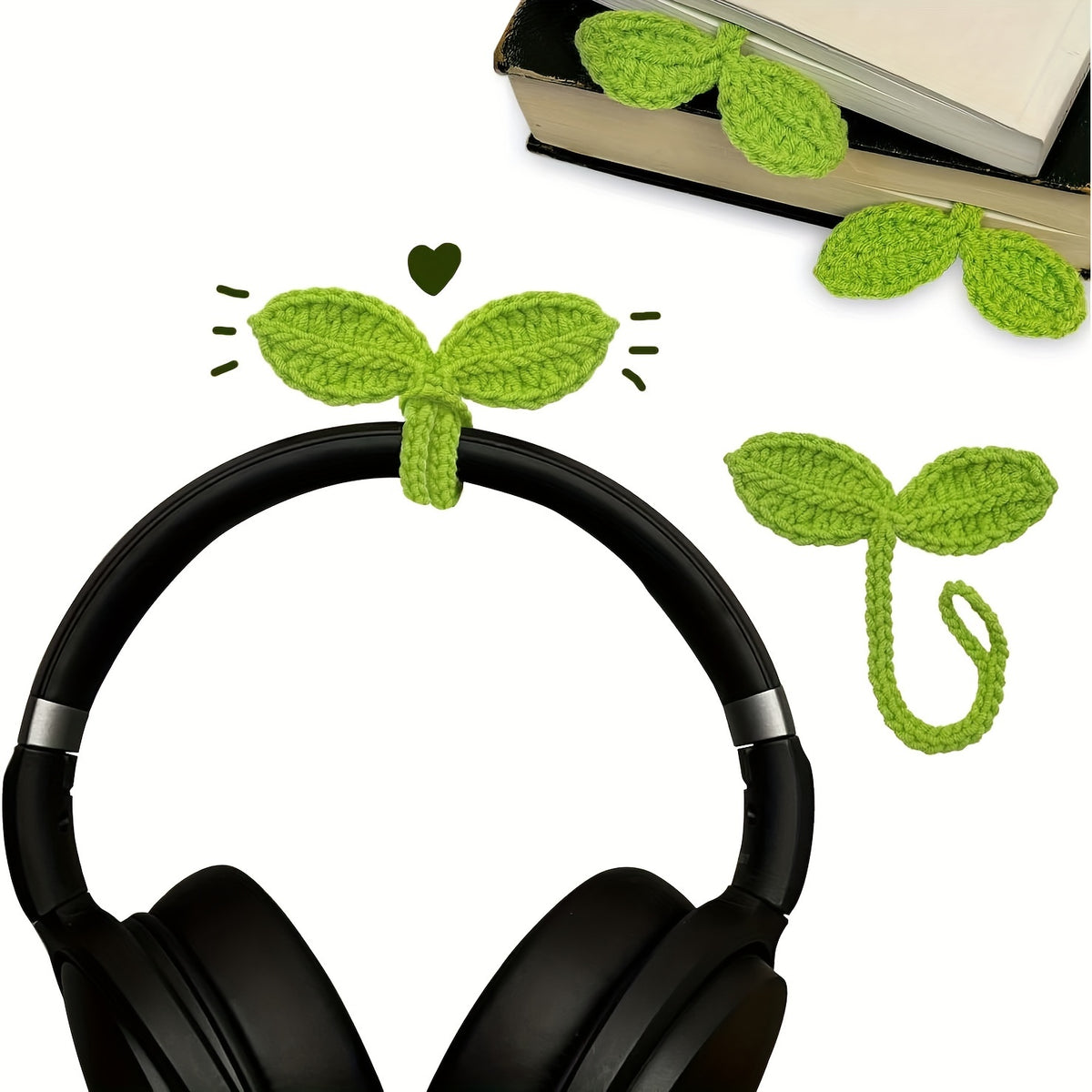 قطعة واحدة من براعم الأوراق المنسوجة يدويًا بالكروشيه - إكسسوارات سماعات رأس محبوكة باللون الأخضر وخيوط الحرف اليدوية، فاصل صفحات فريد لمحبي الكتب، روابط كابل لتنظيم أنيق وأنيق