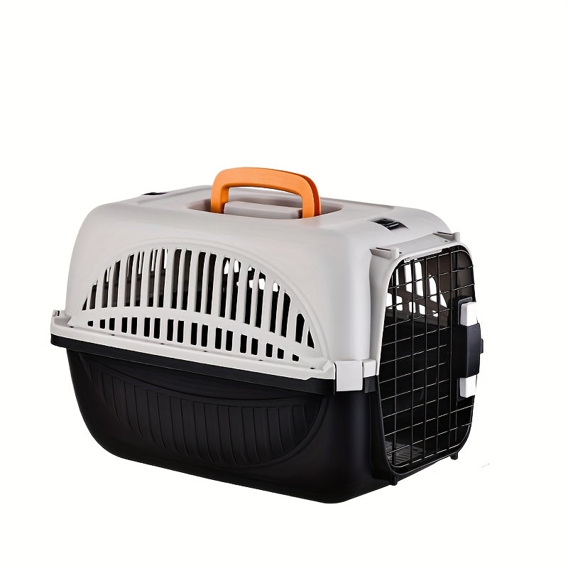 حامل حيوانات أليفة محمول بسيط للسفر بالطائرة، مصنوع من مادة البولي بروبيلين، متوفر بأسلوبين: باب حديدي وباب بلاستيكي. يمكن تثبيته في الزوايا لضمان السلامة والاستقرار، يوفر تهوية جيدة، ويحتوي على تفاصيل عملية، مما يجعله مناسب للسفر مع القطط والكلاب أو لزيا