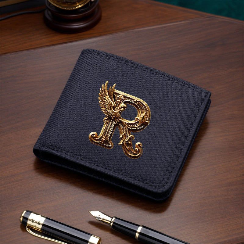محفظة رجالية رفيعة من القماش بتصميم أجنحة ملاك وخطوط ذهبية - كبسولة نقود زرقاء داكنة مع سحاب، حامل بطاقات أنيق ورقيق للاستخدام اليومي