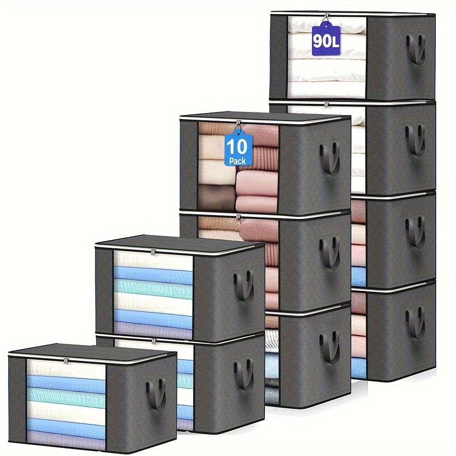 10 قطع من أكياس التخزين ذات السعة الكبيرة باللون الرمادي مع نافذة عرض شفافة، مقابض متينة وإغلاق بسحاب - منظم خزانة قابل للطي للبناطيل، السويترات، اللحاف والمزيد، صندوق تخزين اللحاف | تصميم تخزين عصري | ميزة مقبض متين