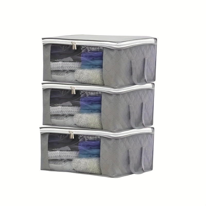 3 قطع، حقيبة تخزين قابلة للطي للملابس والفراش، مقبض معزز متين، سحاب قوي، نافذة شفافة، للألحفة والبطانيات وملاءات السرير