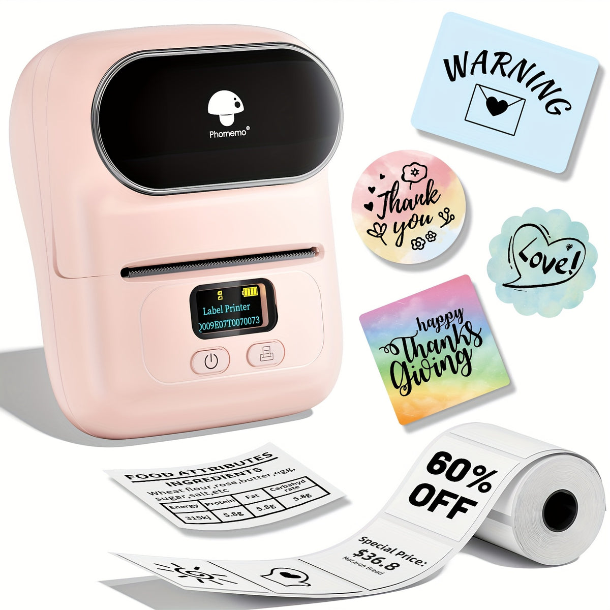 طابعة ملصقات حرارية Phomemo M110، طابعة ملصقات لاسلكية للاستخدام التجاري، الباركود، المكتب، الكابلات، التجزئة، مع خيارات الخطوط، الأيقونات، القوالب، متوافقة مع أندرويد، آي أو إس، ويندوز وماك