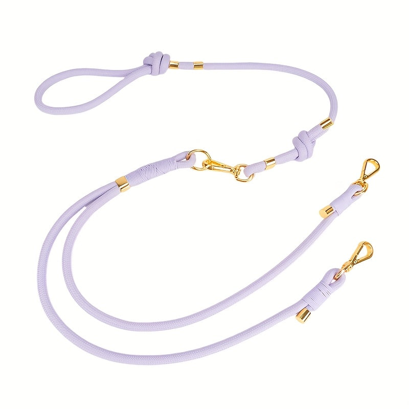 حبل كلب مزدوج بتصميم مقاوم للتشابك - 152.4 سم من النايلون المنسوج القابل للسحب، متين وآمن لعائلات الحيوانات الأليفة المتعددة، وردي مع لمسات ذهبية، مثالي للمشي والمغامرات الخارجية، إكسسوار أنيق للحيوانات الأليفة | أجهزة بلون ذهبي، حبل كلاب قابل للسحب