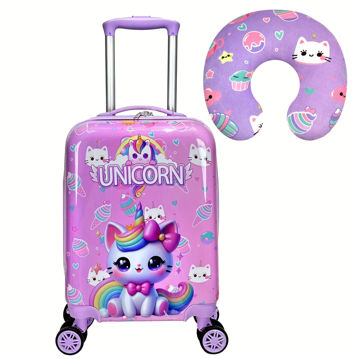 طقم حقائب سفر 16 بوصة 2 قطع، حقائب صلبة مع عجلات دوارة، حقائب سفر للأطفال الصغار، حقائب سفر قابلة للتحريك، معتمدة من شركات الطيران مع وسادة للرقبة