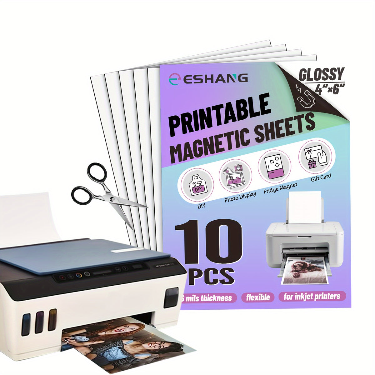ورق صور مغناطيسي لامع قابل للطباعة - 10 ورقات، مقاس 4R (10.16×15.24 سم)، غير لاصق، مناسب للطابعات النافثة للحبر