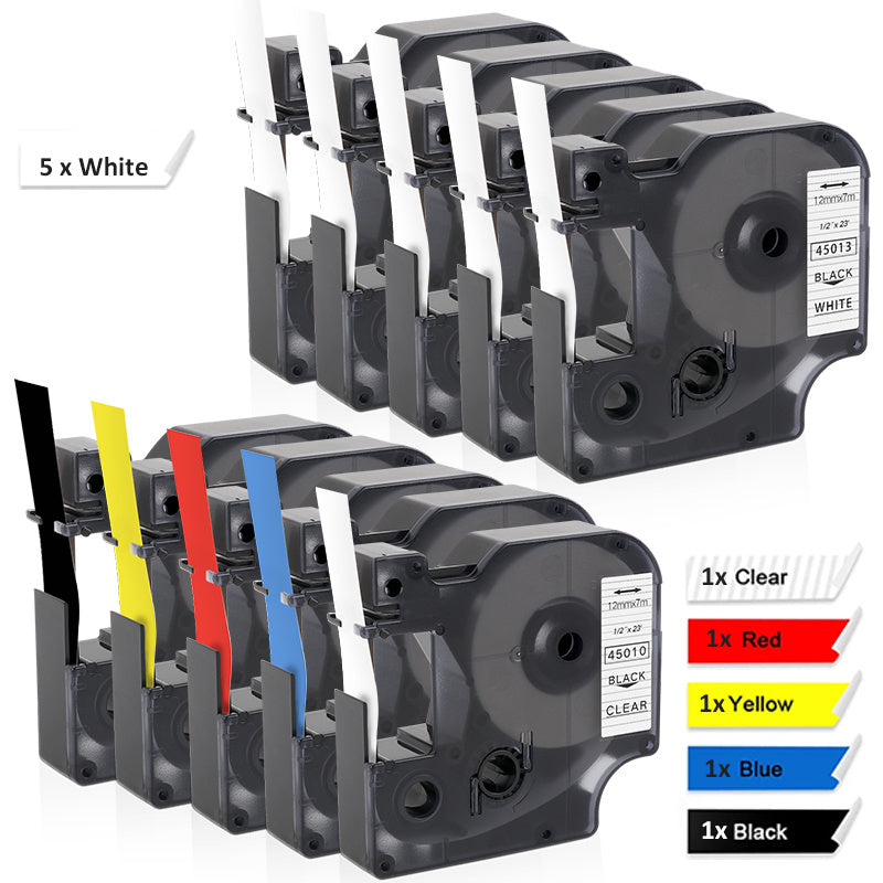 10 قطع من شريط الملصقات Dymo D1 - 1/2" متوافق مع DYMO LabelWriter، LabelManager & MobileLabeler - أسود على شفاف، أبيض، أزرق، أحمر، أصفر - للاستخدام الداخلي والخارجي، صانع الملصقات Dymo
