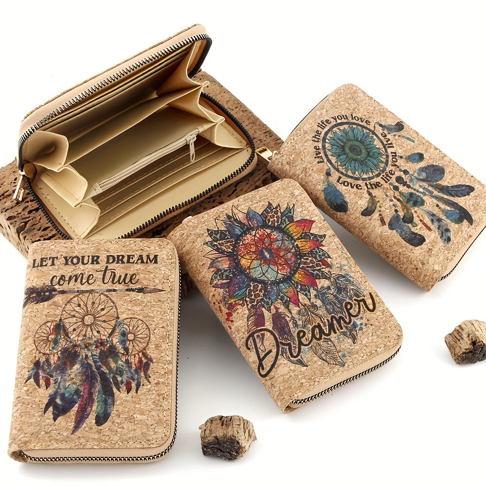 محفظة صغيرة مطبوع عليها شبكة الأحلام من الفلين العصري - عدة فتحات للبطاقات، جيب للنقود، مناسبة للسيدات والطالبات والخروج اليومي - إغلاق بسحاب