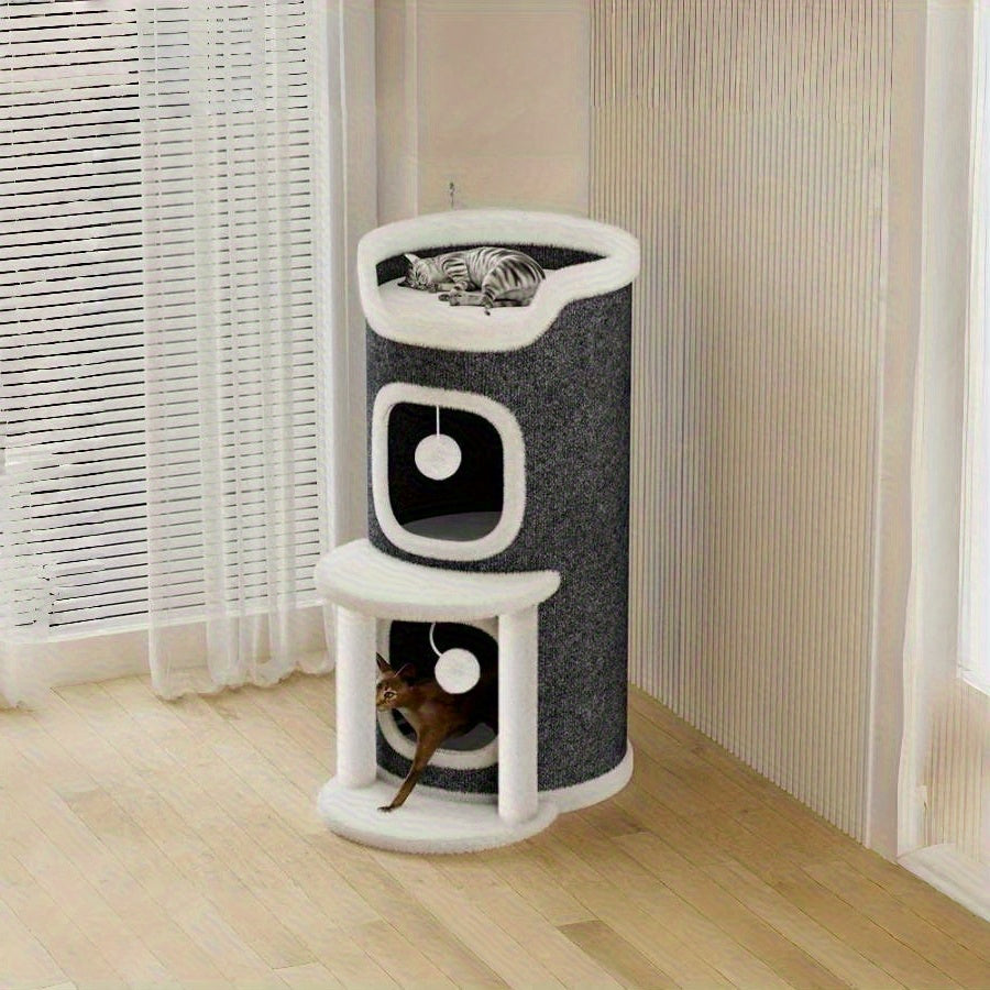 2-Tier Cat Climbing Frame with Litter Box, Toy Ball & Semi-Enclosed Tree Holes - Durable Warm Design for All Cats, Space-Saving Multi-Level Cat Tower for Indoor Climbing, Sleeping & Play, Cat Climbing Wall System, Sturdy Construction