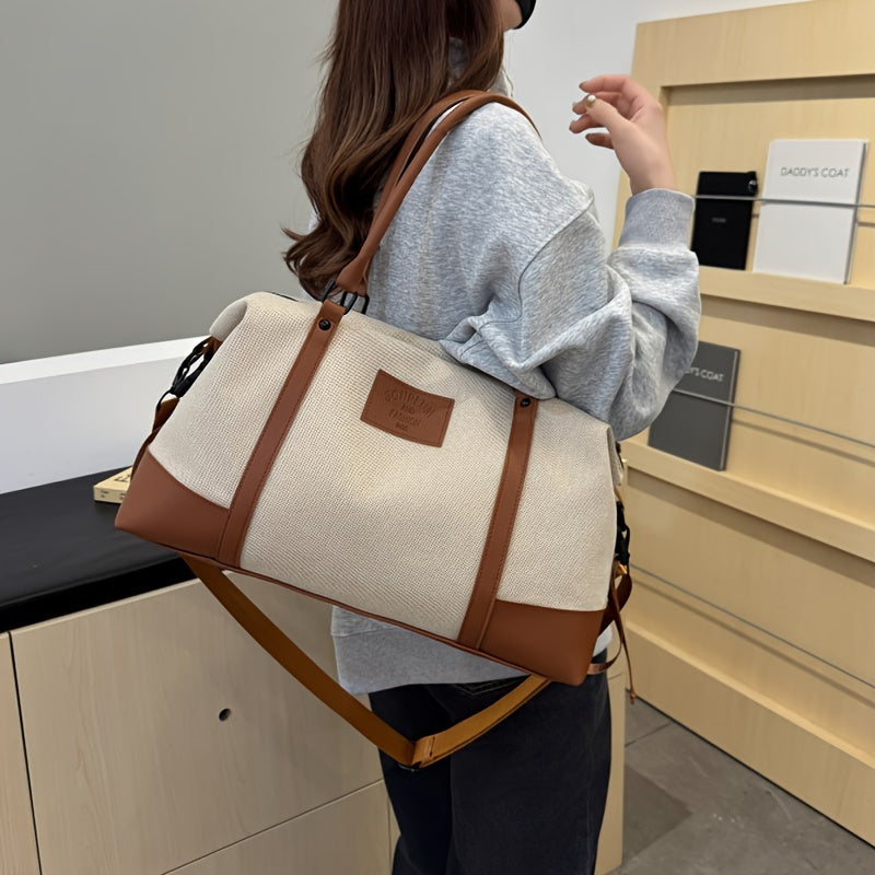 حقيبة سفر نسائية أنيقة ذات سعة كبيرة - خفيفة الوزن، متينة من قماش أكسفورد مع طريقة ألوان بنية وأبيض، إغلاق بسحاب، مثالية لرحلات العمل والمناسبات السبتية