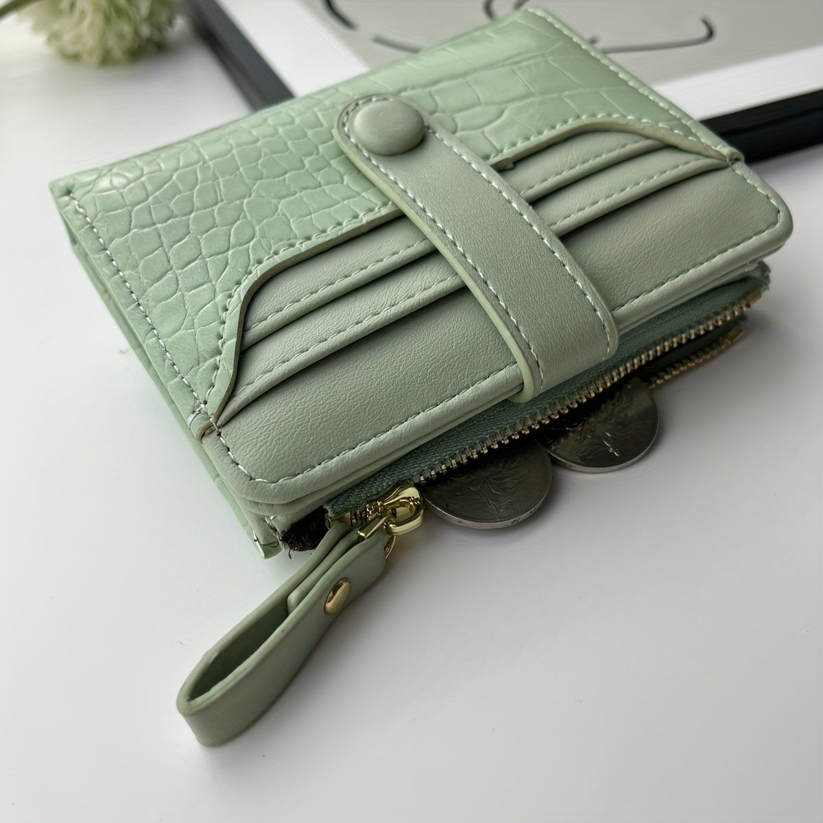 محفظة نسائية بتصميم جلد التمساح الصناعي - حافظة بسحاب ومشبك ذهبي، متعددة الألوان (أسود، أزرق، وردي، أخضر) للاستخدام اليومي، محفظة أنيقة، حافظة بطاقات آمنة