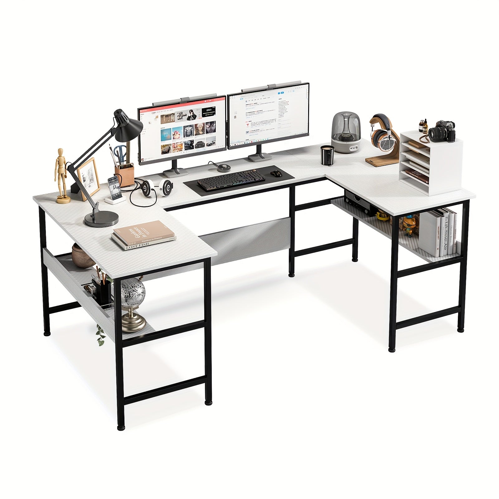 طاولة LAFULAIFU على شكل حرف U بمقاسات 180*100*75 سم، طاولة كمبيوتر مع رف كتب وطبقة كبيرة للاستخدام في غرفة المعيشة أو المكتب