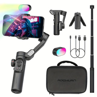 AOCHUAN Smart XE Combo1: مجموعة جيمبل الهاتف ثلاثي المحاور ومثبت الفيديو مع ضوء ملء RGB، قضيب تمديد 73 سم، حامل ثلاثي صغير، كابل USB-C وحقيبة حمل - مثالية لـ TikTok، YouTube وهواتف Android