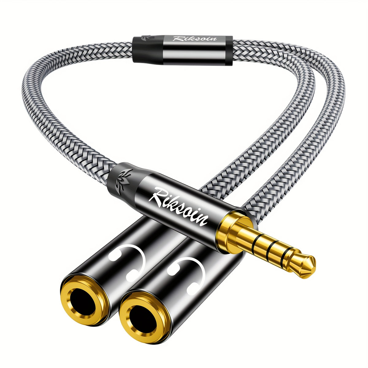 كابل صوتي RIKSOIN 3.5mm TRRS Y-Splitter - محول HiFi ستيريو ذكر إلى أنثى مزدوج للسماعات ومكبرات الصوت، متوافق مع الهاتف والكمبيوتر المحمول والتابلت