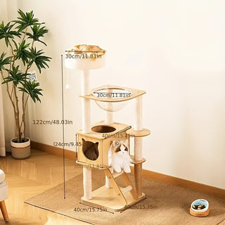 برج القطط متعدد المستويات مع أعمدة الخدش، منصات ناعمة وملاذ مغلق - تصميم خشب متين قابل للطي يوفر المساحة - أثاث داخلي عصري للتسلق واللعب والراحة - مثالي للمساحات الصغيرة والمنازل والشقق - شجرة قطط، ديكور حيوانات أليفة حديثة، هيكل خشبي متين