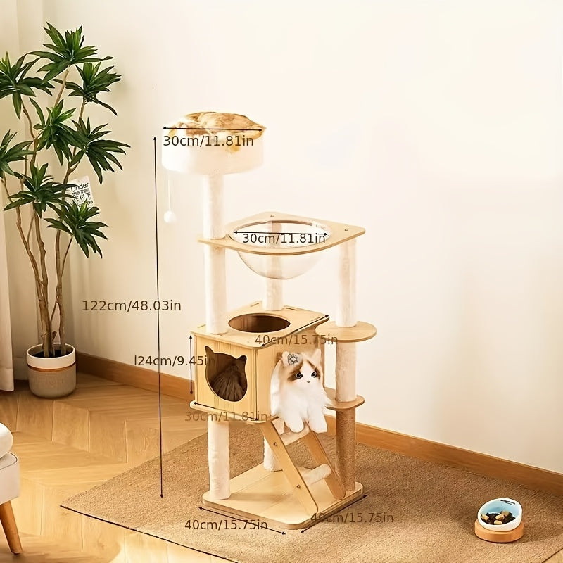 برج القطط متعدد المستويات مع أعمدة الخدش، منصات ناعمة وملاذ مغلق - تصميم خشب متين قابل للطي يوفر المساحة - أثاث داخلي عصري للتسلق واللعب والراحة - مثالي للمساحات الصغيرة والمنازل والشقق - شجرة قطط، ديكور حيوانات أليفة حديثة، هيكل خشبي متين