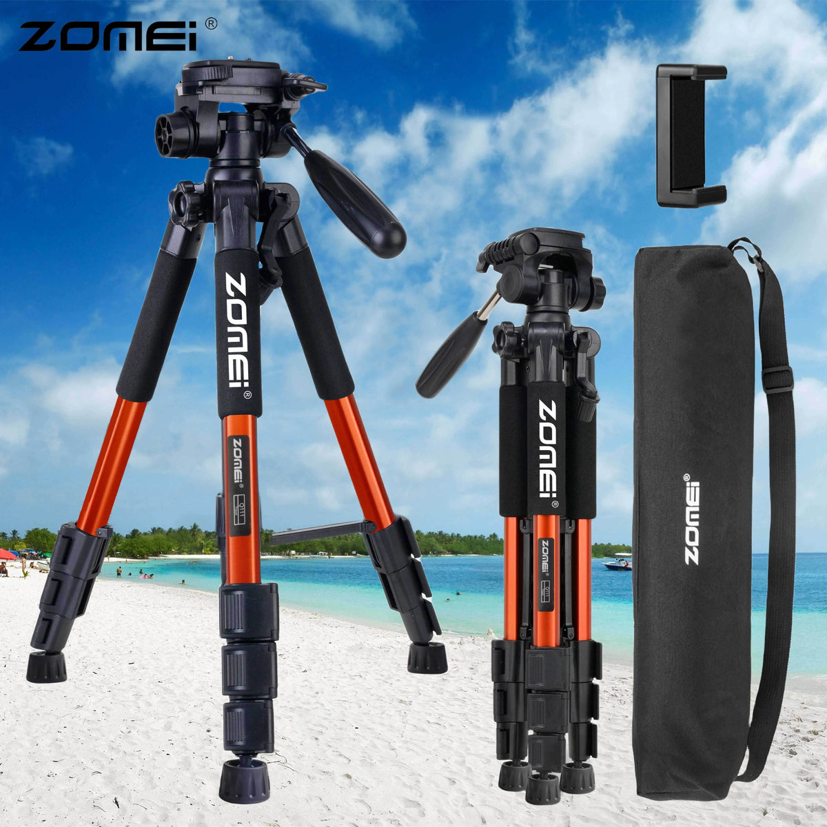 حامل ثلاثي قائم من الألومنيوم ZOMEI بطول 139.7 سنتيمتر، حامل محمول لتسجيل الفيديو والصور، متوافق مع كاميرا SLR، جهاز عرض الهاتف المحمول، الليزر، حقيبة سفر مضمنة، لون برتقالي، لا يحتوي على طاقة، لا بطارية.