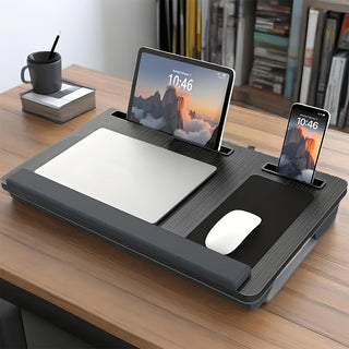 حامل لابتوب محمول مريح مع مسند للمعصم، لوحة فأرة وفتحات للجوال والتابلت - خشب معاد تدويره بارتفاع قابل للتعديل، مقبض مبطّن ناعم لمكتب المنزل أو السفر أو المقهى، تصميم أنيق وبناء متين، محطة عمل صغيرة للأعمال الصغيرة، خيار مثالي للعمل عن بعد