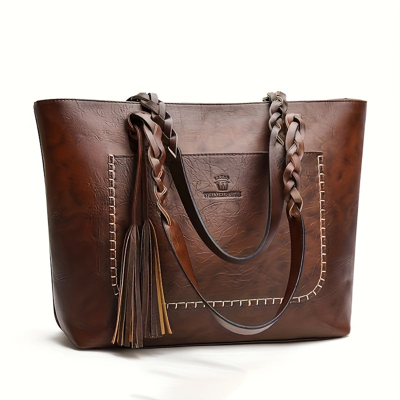 حقيبة يد نسائية بتصميم فينتاج مع شراشيب - حقيبة لابتوب كبيرة السعة بسحاب، باللون الأسود/الأحمر/البني، بمقابض مضفرة وتفاصيل شرابة للتنقل والعمل والسفر والاستخدام اليومي