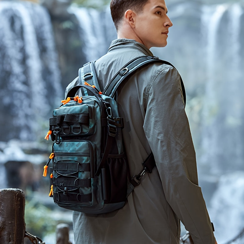 حقيبة ظهر خارجية متعددة الوظائف - سعة كبيرة خفيفة الوزن للسفر والمشي، مع أحزمة كتف قابلة للتعديل ولوحة ظهر مبطنة وأقسام متعددة لركوب الدراجات وصيد السمك والتخييم (نمط التمويه الأزرق)، حقيبة متنوعة لمستلزمات السفر، تخزين آمن، مقبض عريض، للمغامرين