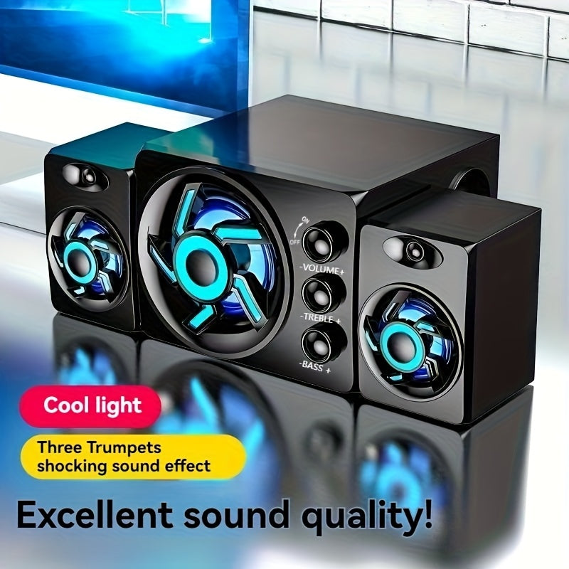 سماعة حاسوب خشبية جديدة ثلاثية الوظائف، سماعة مكتبي منزلية، نظام صوت محيطي سلكي 2.1، سب ووفر سلكي، سماعات كمبيوتر عالية الجودة، متعددة الاستخدامات للهاتف المحمول واللابتوب والتلفزيون والحاسوب الشخصي، إضاءة ملونة تنفسية مع تأثير الصوت المحيطي ثلاثي الأبعاد